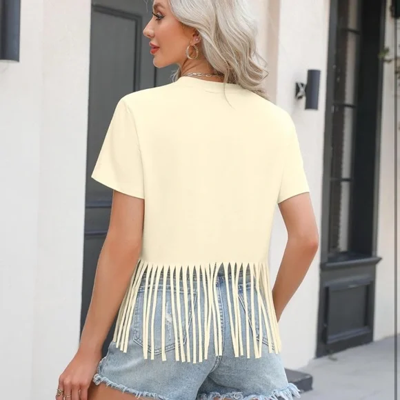 Cream Crop 90’s Country Tee with Cut Out Large New - Picture 5 of 5